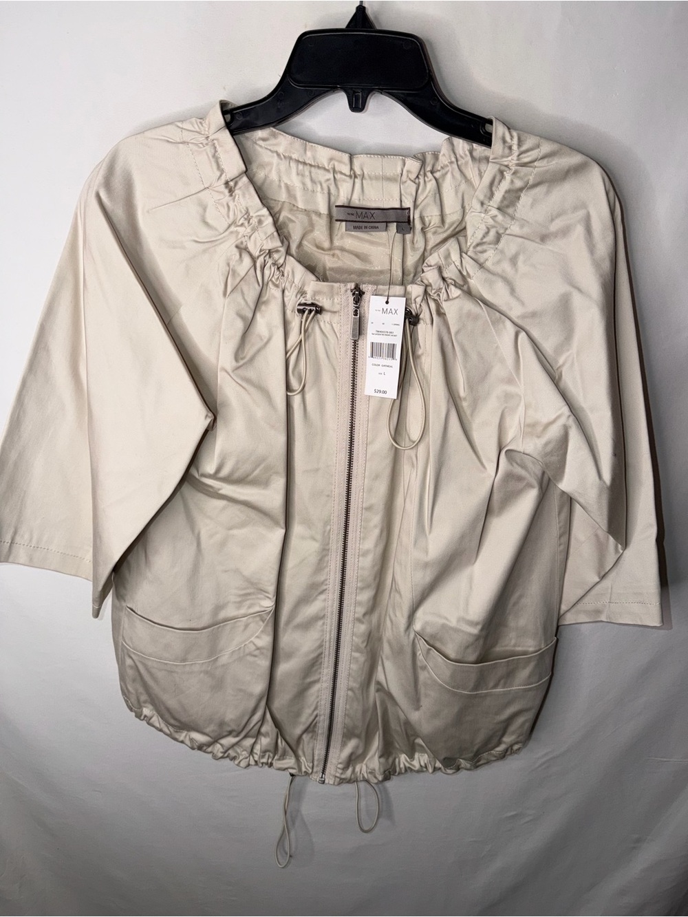 To the Max Oatmeal Zip-Front Satin Tie Jacket